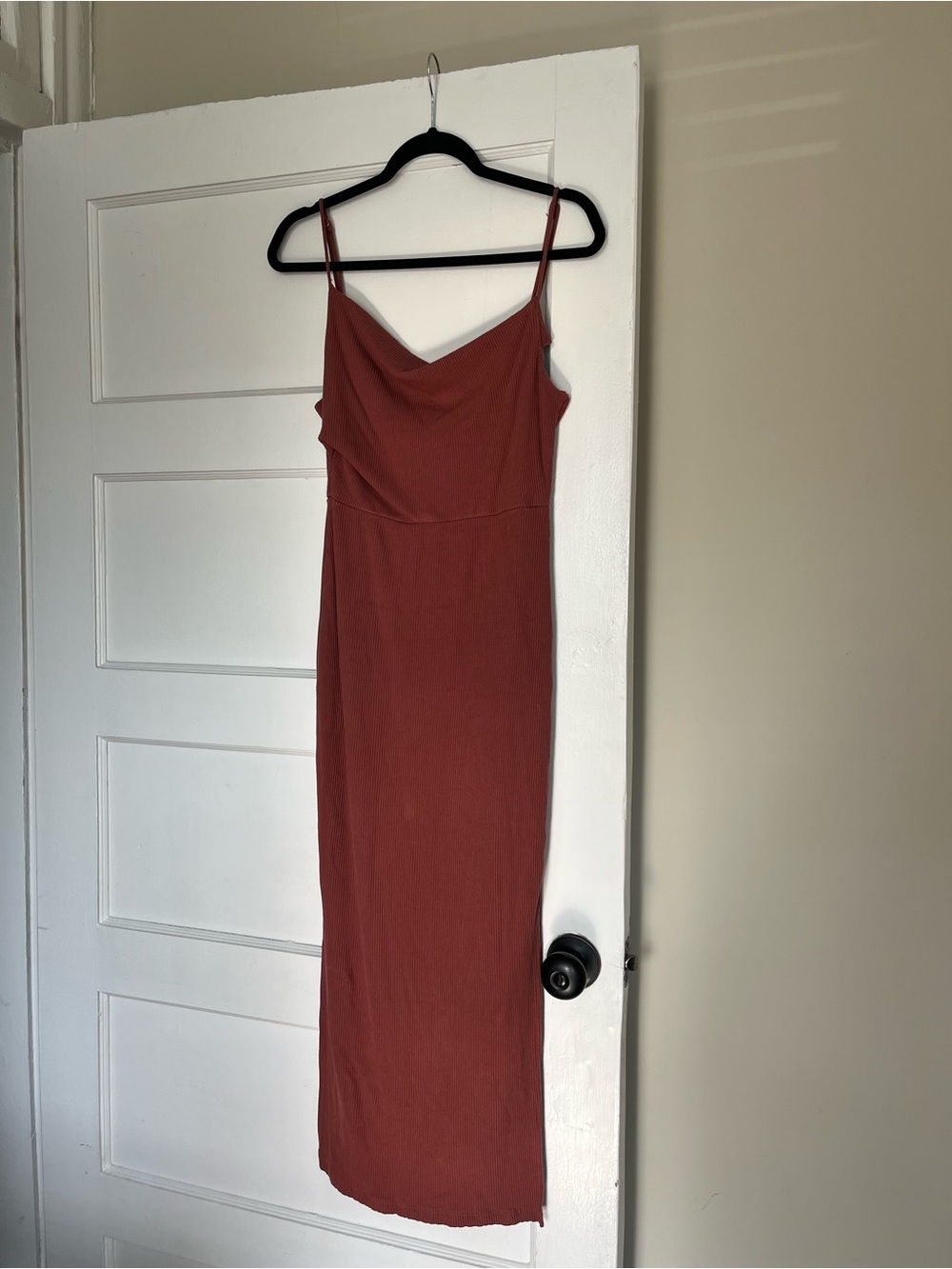 Hello Molly Rust Ribbed Slip Midi Dress with Spaghetti Straps
